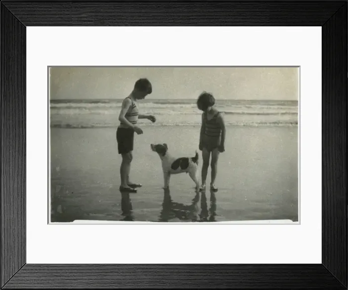 Framed Print : Two children on beach with dog Framed Print : Two children on beach with dog