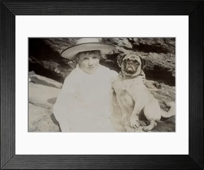 Framed Print : Boy in straw hat with dog Framed Print : Boy in straw hat with dog