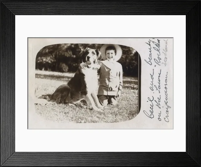 Framed Print : Boy in straw hat with large dog