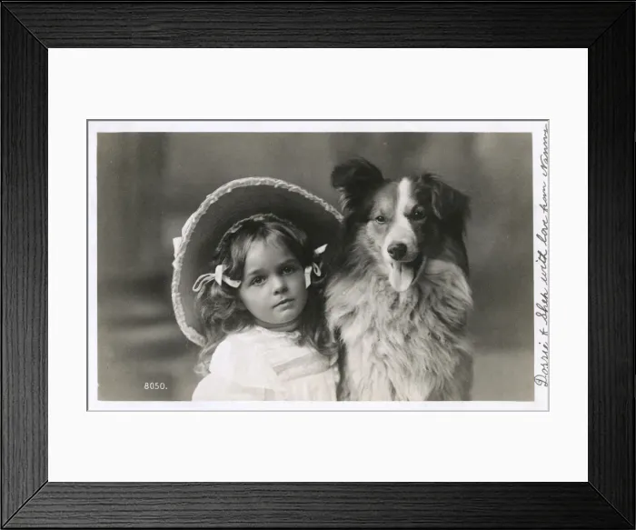 Framed Print : Girl in straw hat with dog