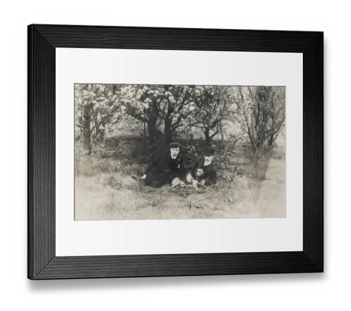 Framed Print : Two men under a tree with dog Framed Print : Two men under a tree with dog
