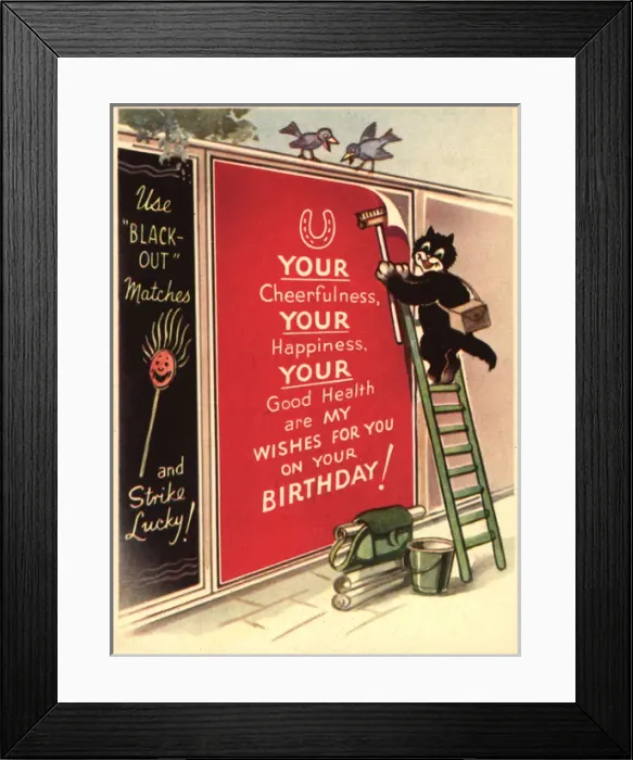 Framed Print : WW2 birthday card, cat and poster Framed Print : WW2 birthday card, cat and poster