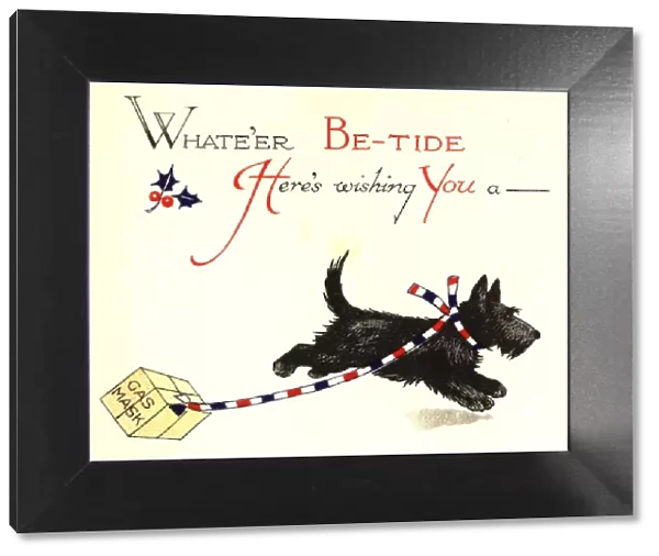 WW2 Christmas card, dog with gas mask