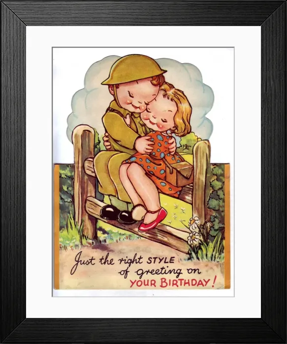 Framed Print : WW2 birthday card, couple on a stile