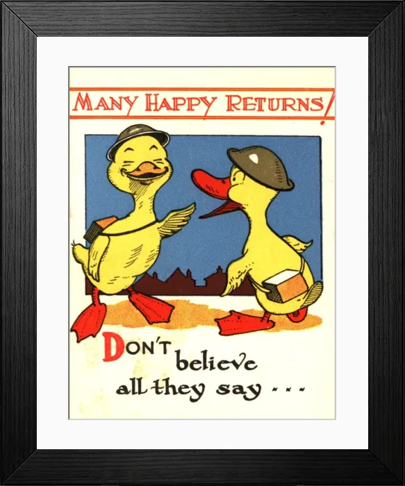 Framed Print : WW2 birthday card, ducks in helmets Framed Print : WW2 birthday card, ducks in helmets