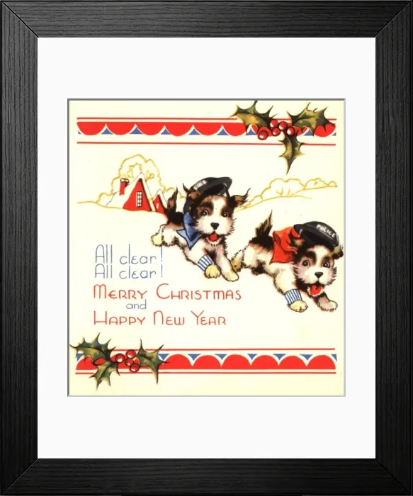 Framed Print : WW2 Christmas card, two running dogs Framed Print : WW2 Christmas card, two running dogs