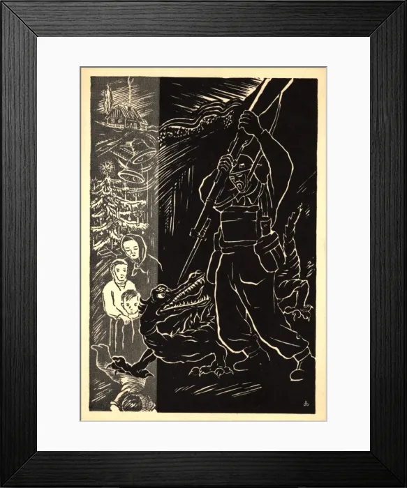 Framed Print : WW2 Christmas card, soldier fighting dragon Framed Print : WW2 Christmas card, soldier fighting dragon