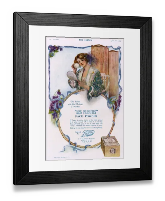 Framed Print : Boots Les Fleurs face powder advertisement, 1914 Framed Print : Boots Les Fleurs face powder advertisement, 1914