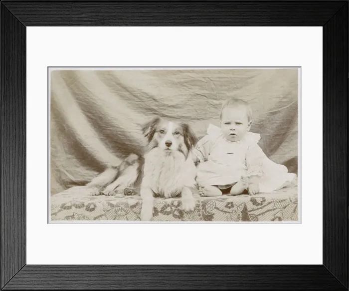 Framed Print : Portrait of baby and dog Framed Print : Portrait of baby and dog