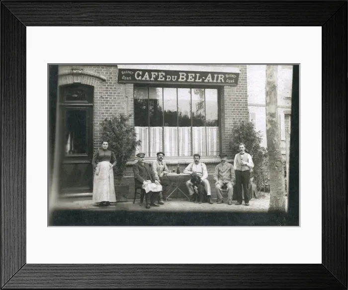 Framed Print : Six people and a dog outside a cafe, France Framed Print : Six people and a dog outside a cafe, France