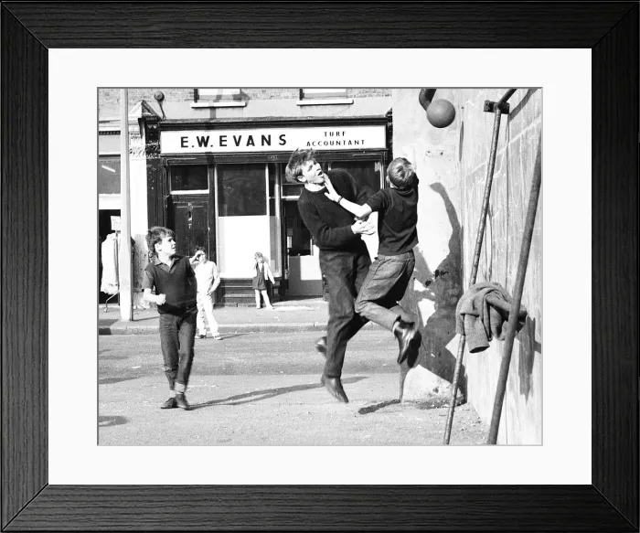 Framed Print : Boys playing football in a street, Balham, SW London Framed Print : Boys playing football in a street, Balham, SW London