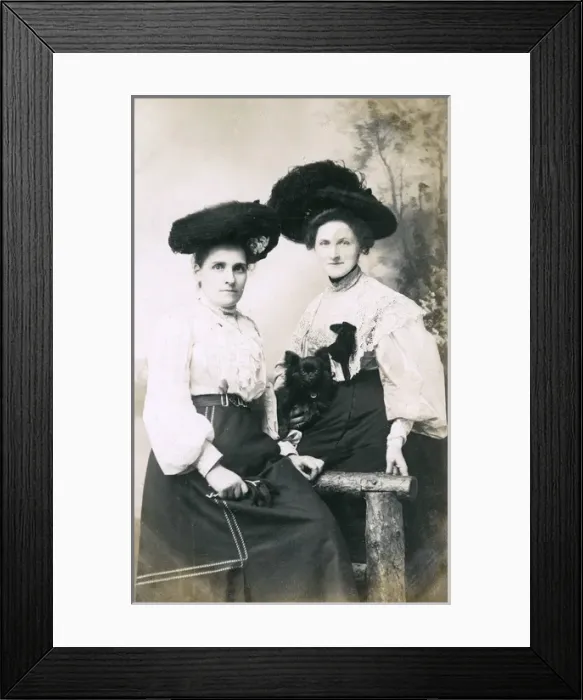 Framed Print : Studio portrait, two women with a small dog Framed Print : Studio portrait, two women with a small dog