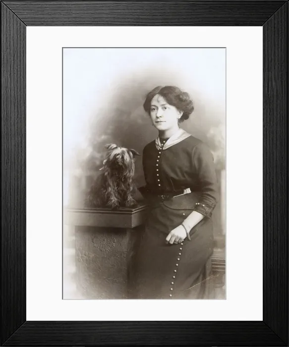 Framed Print : Studio portrait, woman with Yorkshire Terrier Framed Print : Studio portrait, woman with Yorkshire Terrier