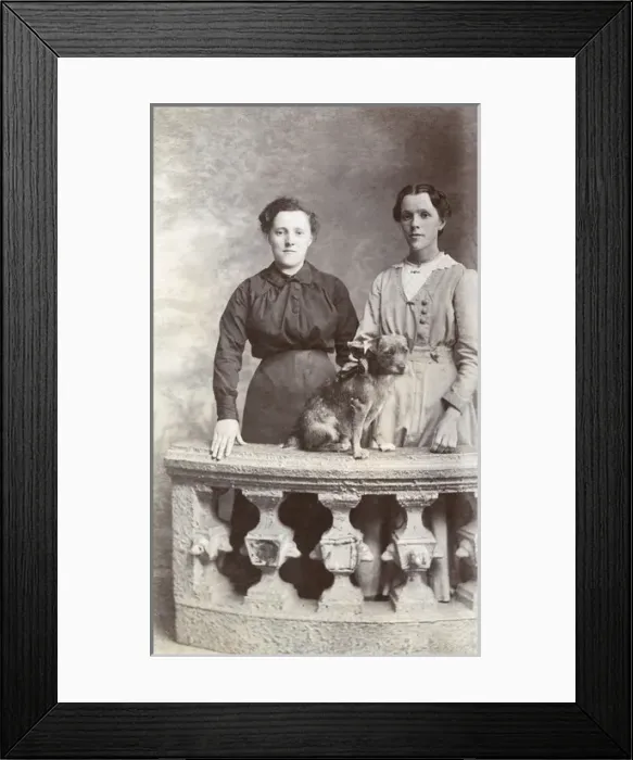 Framed Print : Studio portrait, two women with a small dog Framed Print : Studio portrait, two women with a small dog