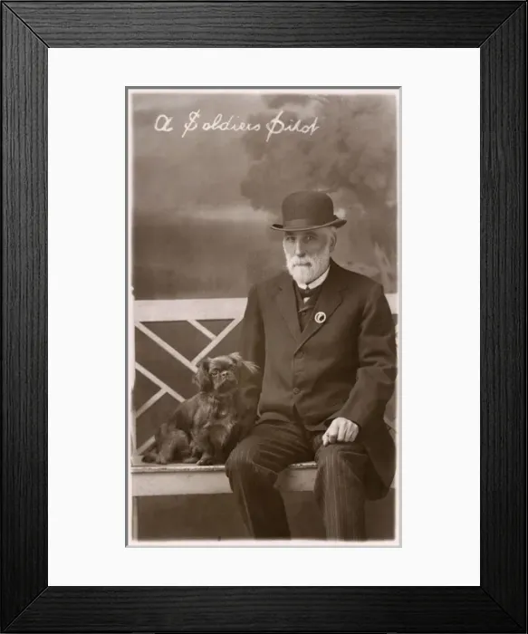 Framed Print : Studio portrait, man with Pekingese dog Framed Print : Studio portrait, man with Pekingese dog