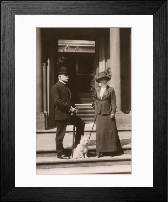 Framed Print : Edwardian couple with a white terrier dog on steps Framed Print : Edwardian couple with a white terrier dog on steps