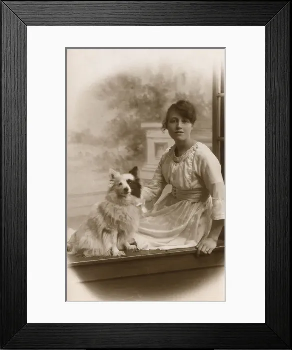 Framed Print : Studio portrait, young woman with little dog Framed Print : Studio portrait, young woman with little dog