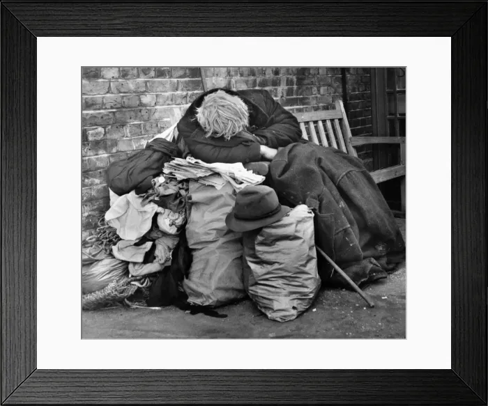 Framed Print : Tramp asleep on a Balham street, SW London Framed Print : Tramp asleep on a Balham street, SW London