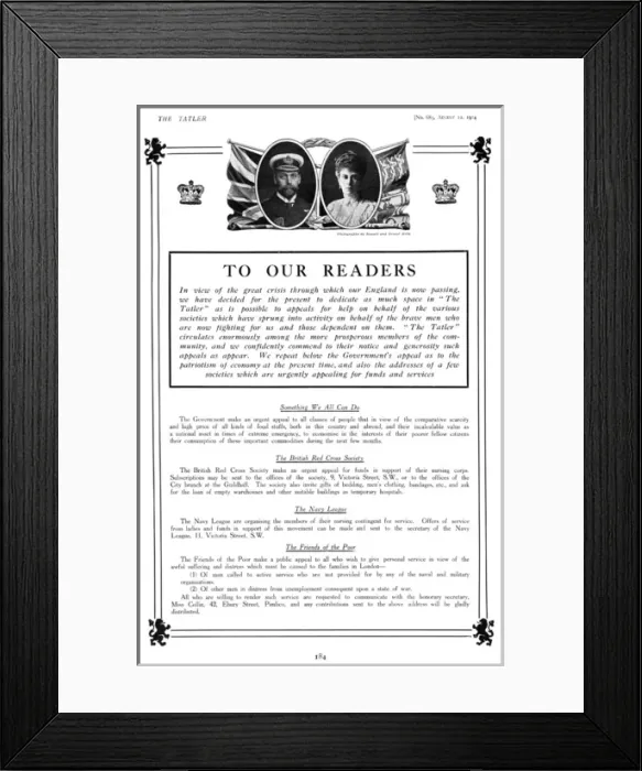 Framed Print : Tatler letter to its readers, outbreak of First World War Framed Print : Tatler letter to its readers, outbreak of First World War