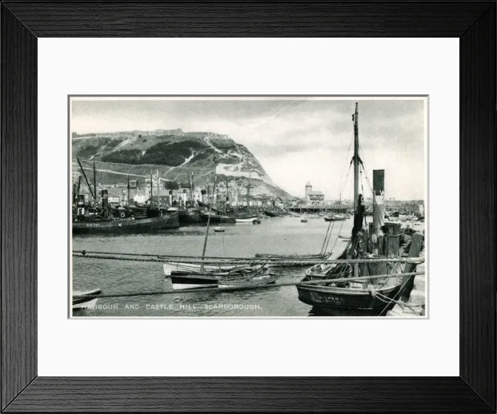 Framed Print : Harbour Boats & Castle Hill, Scarborough, Yorkshire Framed Print : Harbour Boats & Castle Hill, Scarborough, Yorkshire