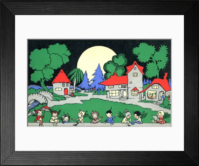 Framed Print : Pixies sitting on a wall in front of their village Framed Print : Pixies sitting on a wall in front of their village