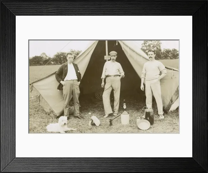 Framed Print : Three men camping with a dog Framed Print : Three men camping with a dog