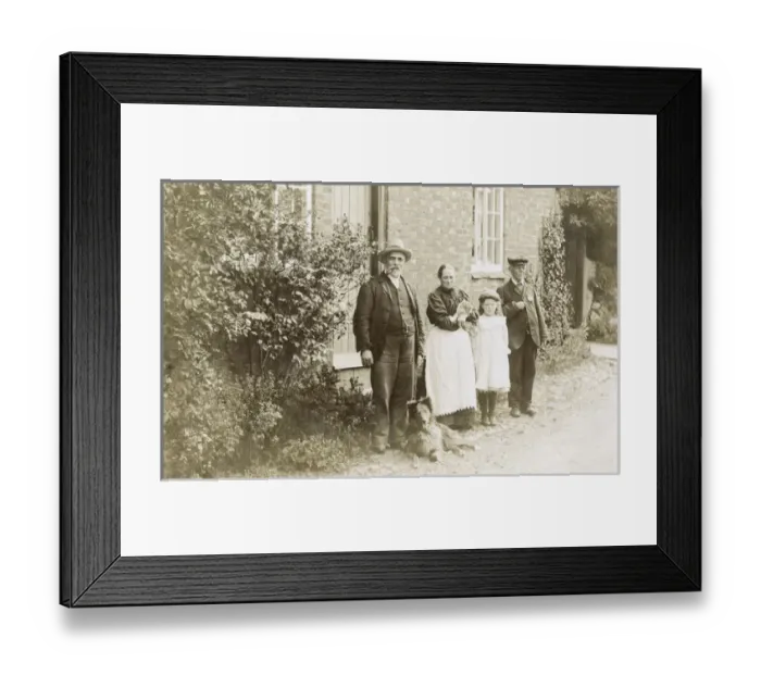 Framed Print : Four people, a cat and a dog in a garden Framed Print : Four people, a cat and a dog in a garden