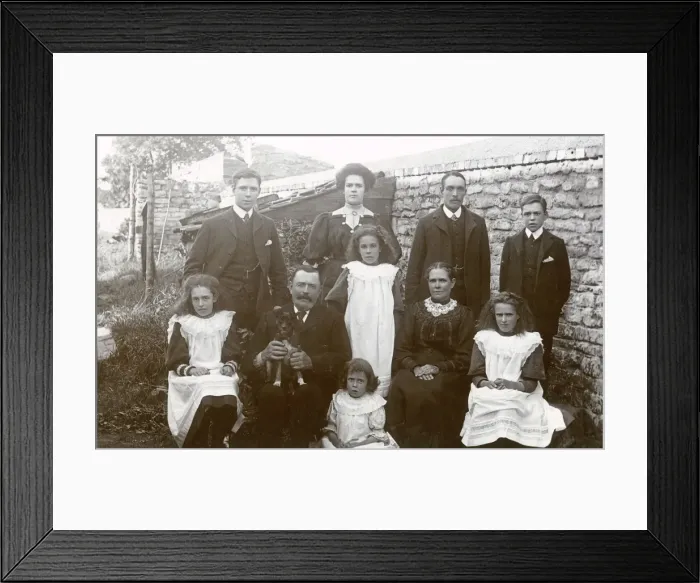Framed Print : Family group of ten with small dog Framed Print : Family group of ten with small dog
