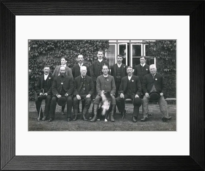 Framed Print : Group photo of men with a dog Framed Print : Group photo of men with a dog
