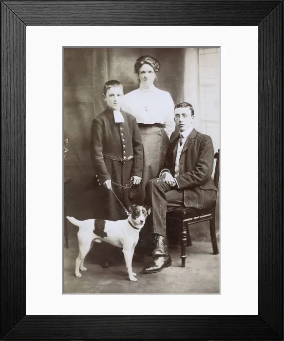 Framed Print : Three people with terrier dog Framed Print : Three people with terrier dog