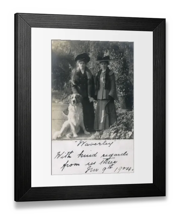 Framed Print : Two women with a dog in a garden Framed Print : Two women with a dog in a garden