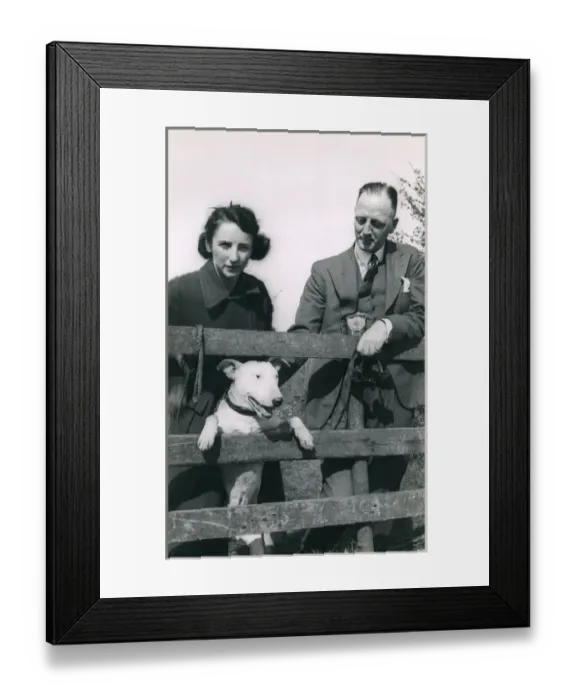 Framed Print : Couple with a bull terrier Framed Print : Couple with a bull terrier