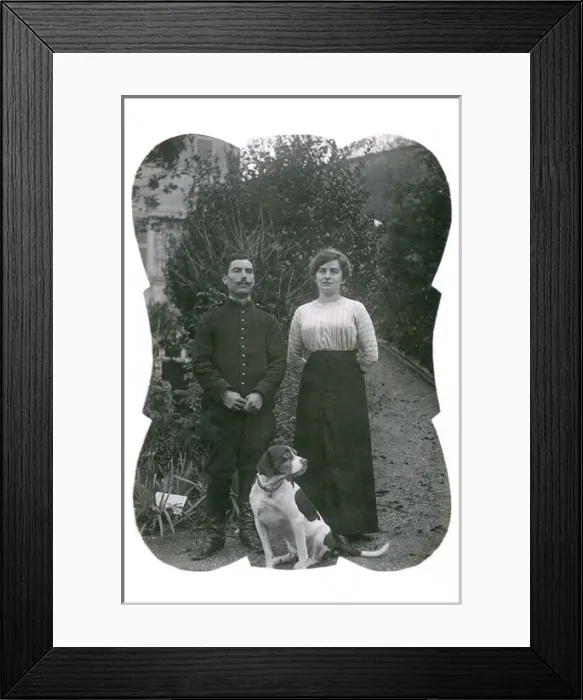 Framed Print : Couple with a dog in a garden, Lyons, France Framed Print : Couple with a dog in a garden, Lyons, France