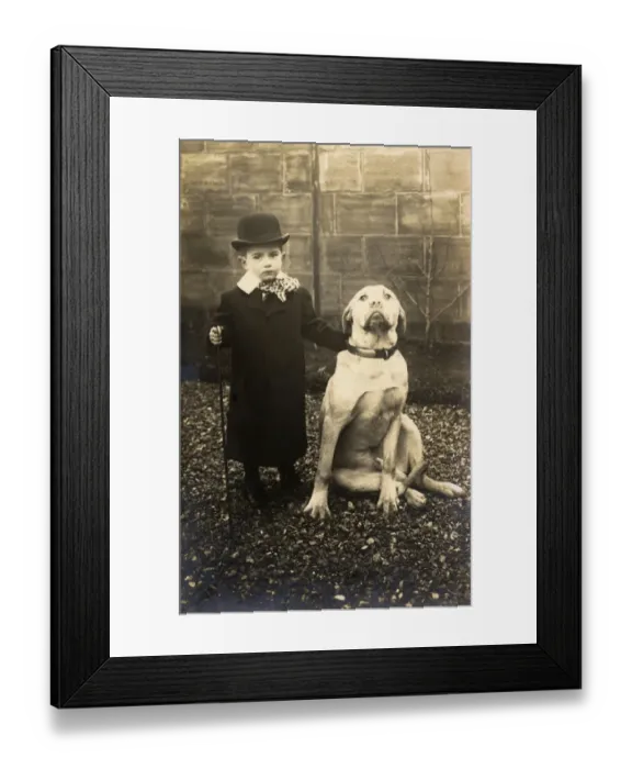 Framed Print : Little boy with large bulldog in a garden, France Framed Print : Little boy with large bulldog in a garden, France