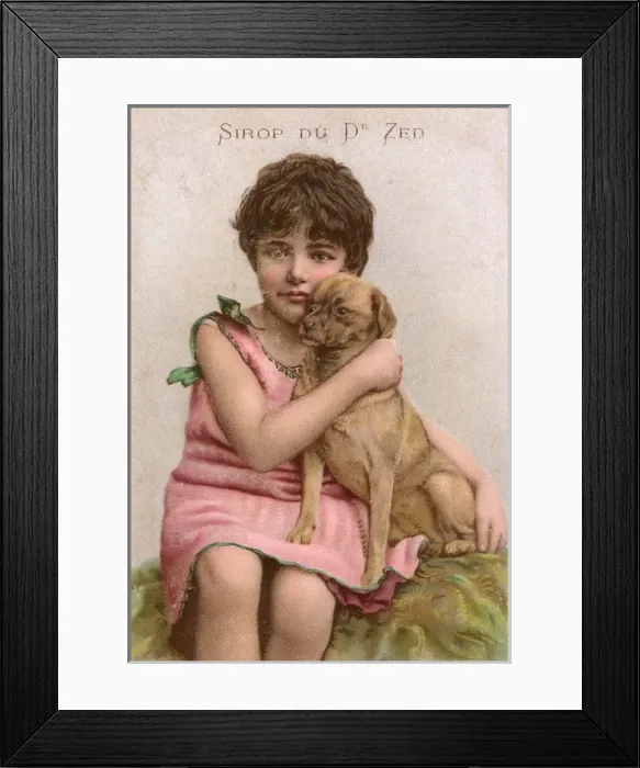 Framed Print : Trade card for Dr Zed syrup, girl with pug dog Framed Print : Trade card for Dr Zed syrup, girl with pug dog