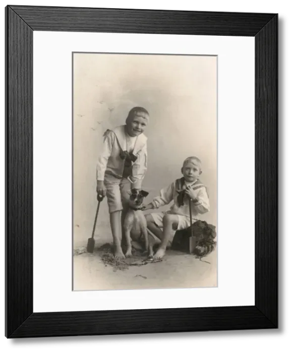 Framed Print : Studio portrait, two boys with Jack Russell terrier Framed Print : Studio portrait, two boys with Jack Russell terrier