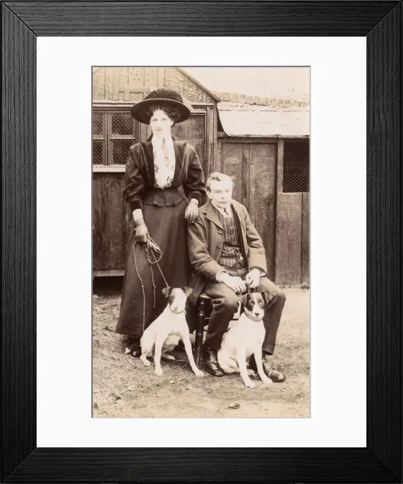 Framed Print : Man and woman with two Jack Russell terriers Framed Print : Man and woman with two Jack Russell terriers