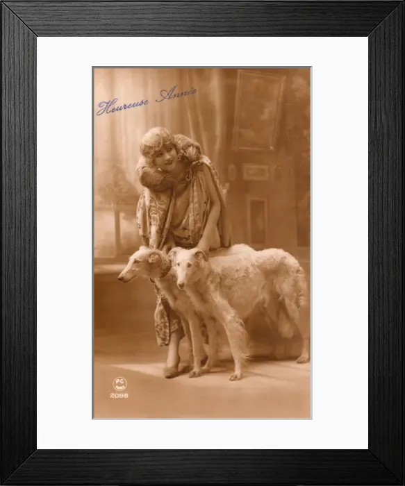 Framed Print : Studio portrait, elegant woman with two dogs, France Framed Print : Studio portrait, elegant woman with two dogs, France
