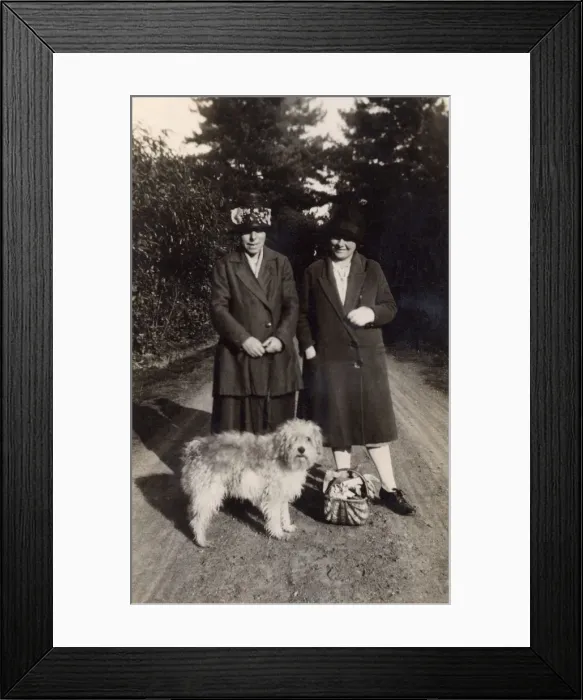 Framed Print : Two women with dog and basket on a country lane Framed Print : Two women with dog and basket on a country lane