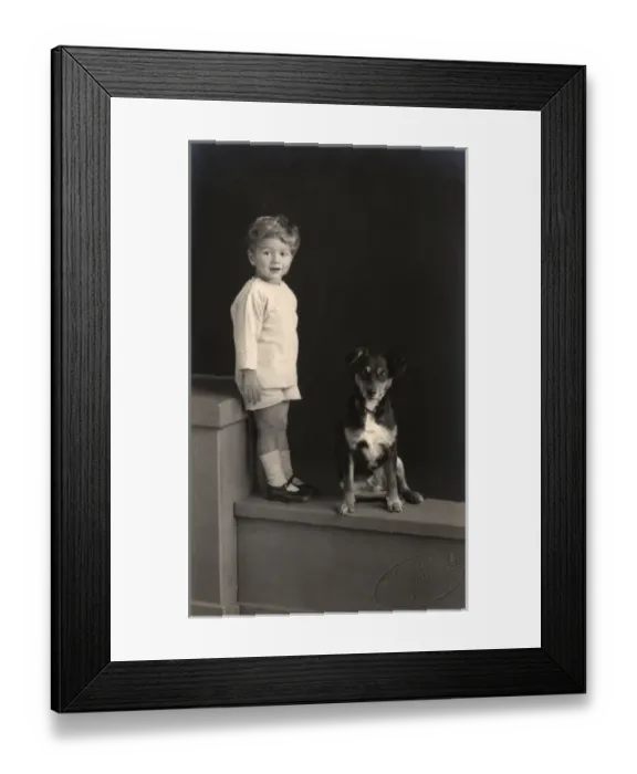 Framed Print : Studio portrait, little boy with puppy Framed Print : Studio portrait, little boy with puppy
