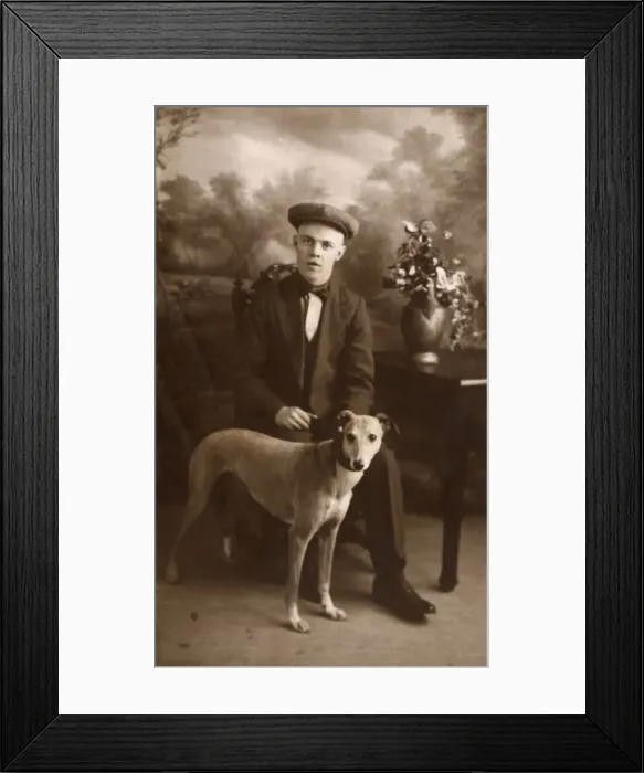 Framed Print : Studio portrait, young man with lurcher Framed Print : Studio portrait, young man with lurcher