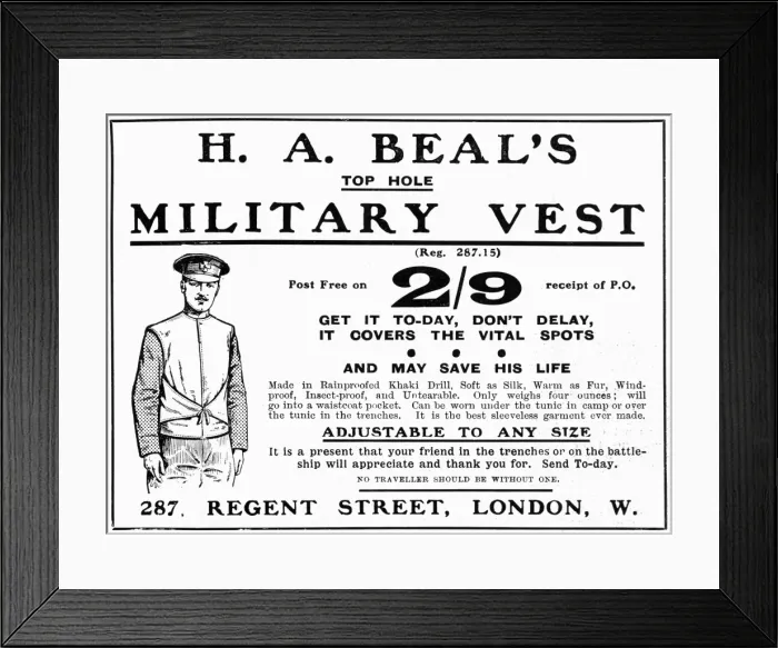 Framed Print : H. A. Beals military vest advertisement, WW1 Framed Print : H. A. Beals military vest advertisement, WW1