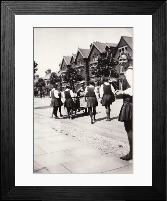 Framed Print : Students and ice cream seller in Warwick Avenue possibly Framed Print : Students and ice cream seller in Warwick Avenue possibly