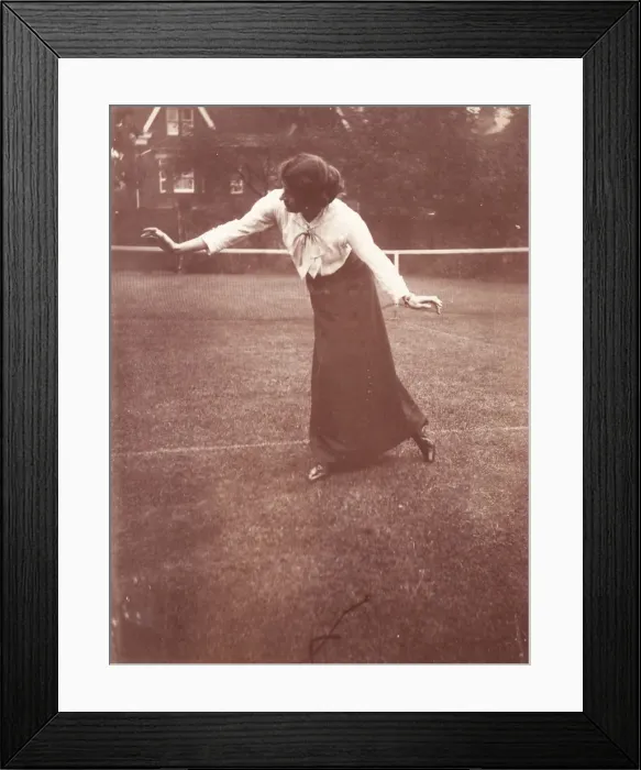 Framed Print : Miss Woolmoth pupil of Nellie Chaplin poses on tennis court Framed Print : Miss Woolmoth pupil of Nellie Chaplin poses on tennis court