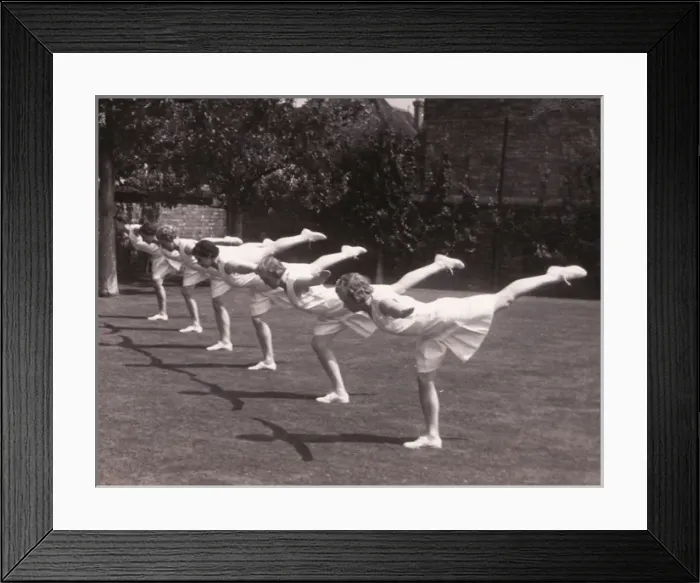 Framed Print : Six perform balances in garden Framed Print : Six perform balances in garden