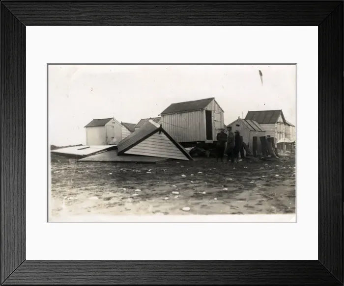 Framed Print : Beach Hut Gale Damage, Thought to be Lossiemouth, Morayshire Framed Print : Beach Hut Gale Damage, Thought to be Lossiemouth, Morayshire