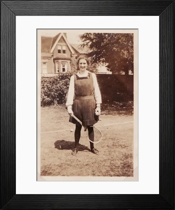 Framed Print : Miss Wynyard with tennis racket Framed Print : Miss Wynyard with tennis racket