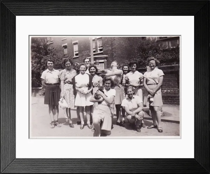 Framed Print : Farming Summer - group standing in street Framed Print : Farming Summer - group standing in street