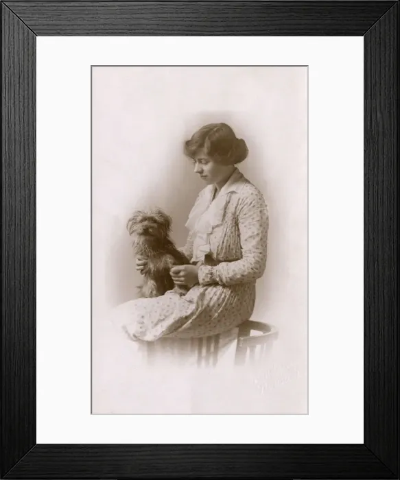 Framed Print : Studio portrait, woman with Yorkshire terrier Framed Print : Studio portrait, woman with Yorkshire terrier