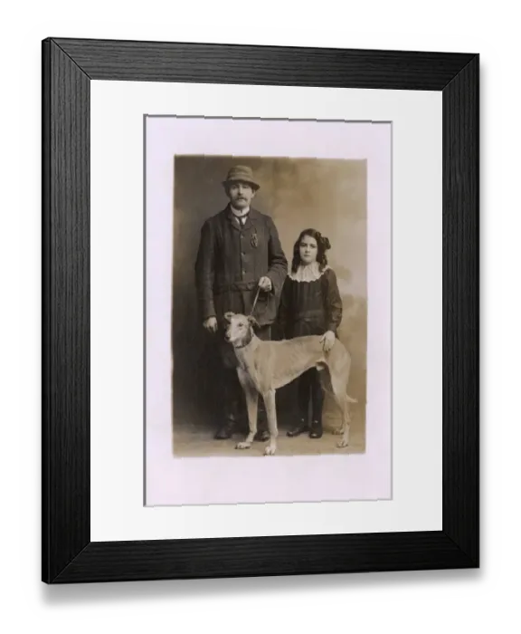 Framed Print : Studio portrait, father and daughter with greyhound Framed Print : Studio portrait, father and daughter with greyhound